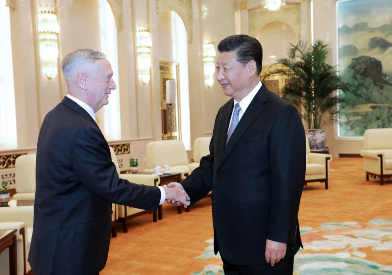 6月27日,国家主席习近平在北京人民大会堂会见来访的美国国防部长马蒂斯。新华社记者 李刚 摄 6月27日,国家主席习近平在北京人民大会堂会见来访的美国国防部长马蒂斯。新华社记者 李刚 摄